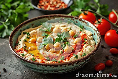 Top view homemade chickpea hummus in blue bowl with paprika, olive oil and greenery on grey background Stock Photo