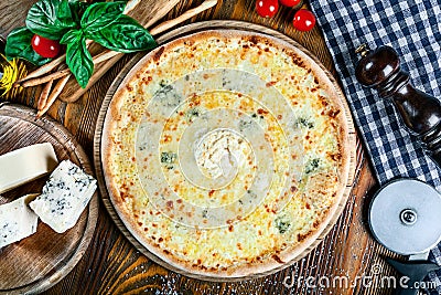 Top view on homemade italian four cheeses pizza. Stock Photo