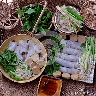Top view homemade Vietnamese vegetarian rolled steamed rice pancake or banh cuon Stock Photo
