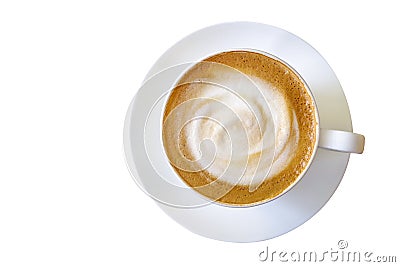 Top view of hot coffee cappuccino cup with milk foam isolated on Stock Photo