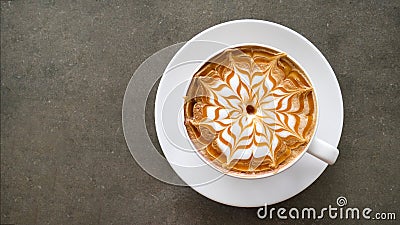 Top view of hot coffee cappuccino latte art top view on concrete table Stock Photo