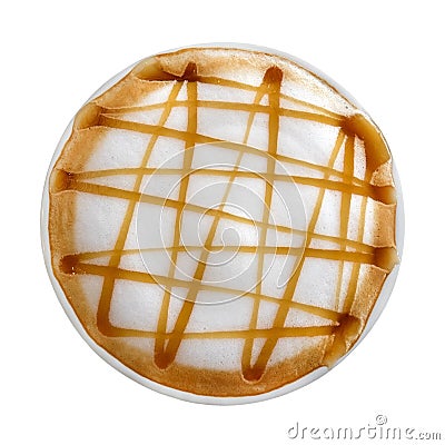 Top view of hot coffee latte art caramel macchiato isolated on white background, path Stock Photo