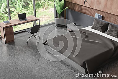 Top view of hotel bedroom interior with bed and work zone, panoramic window Stock Photo