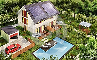 Top view of the house with a garage and solar panels on the roof Stock Photo