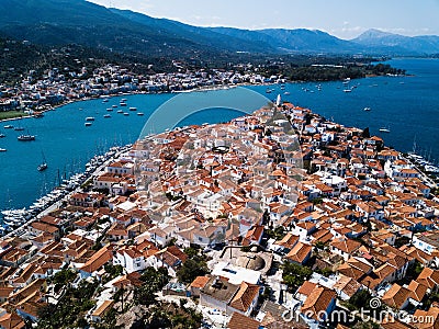 Top view of the houses and sea sailboat Marina in Poros island, Aegean sea. Stock Photo