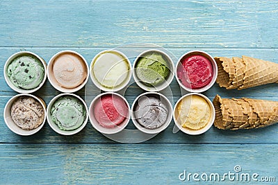 Top view of Ice cream flavors in cup and ice cream cone waffle Stock Photo