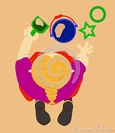 Top view a Girl playing with sandbox toys. Vector Illustration