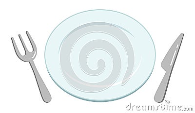 Top view illustration of a simple empty white plate, knife and fork. Vector Illustration