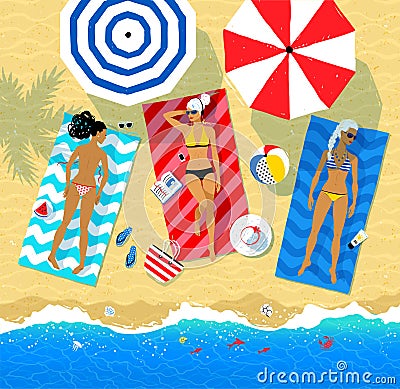 Top view illustration of three young women lying on beach Vector Illustration