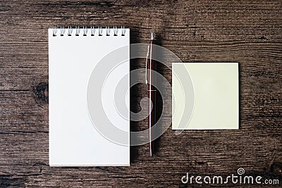 Top view image of blank notebook ,empty sticky note paper and pe Stock Photo