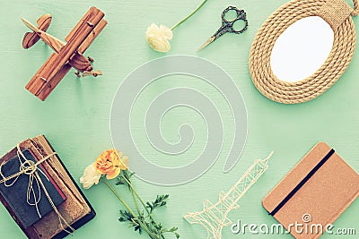 top view image of collection of objects over blue wooden table Stock Photo