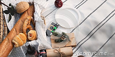 Top view image different sorts of breads in wicker basket. Stock Photo