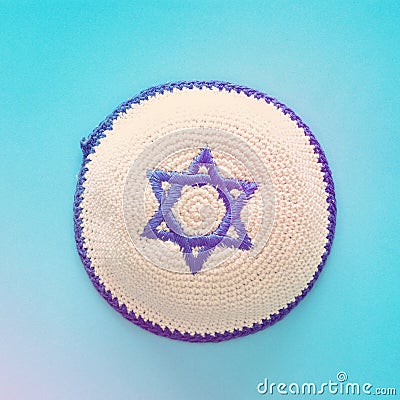 Top view image of jewish Kippah yarmulke hat with david star. holidays and shabbat concept. Stock Photo