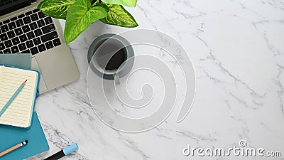 Top view image of marble table with accessories putting on it. Stock Photo