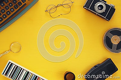 top view image of old typewriter, camera, film and tape recorder Stock Photo