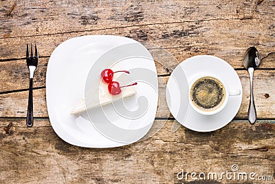 Top view image of piece of cheesecake with coffee. Stock Photo