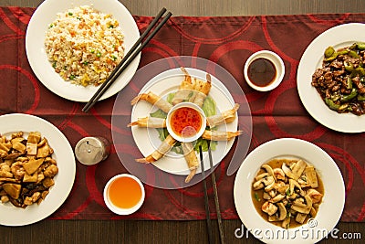 Top view image of set of popular Chinese food dishes, gabardine prawns, spicy prawns, beef with peppers Stock Photo