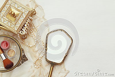 Top view image of vintage woman toilet fashion objects Stock Photo