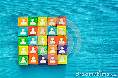 top view image of a wood blocks with people icons , human resources and management concept. Stock Photo