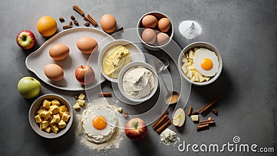 Top view of ingredients flour, butter, eggs, products for baking cake, tart Stock Photo