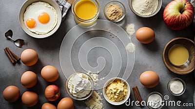 Top view of ingredients flour, butter, eggs, products for baking cake, tart, Stock Photo