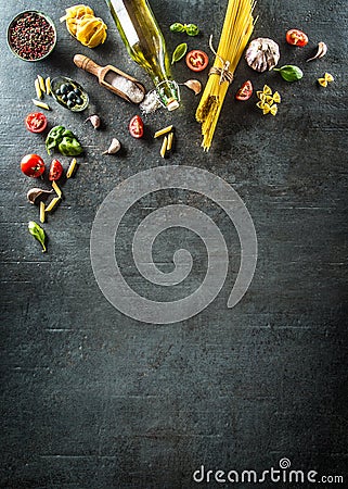 Top of view ingredients of the italian or mediterranean cuisine. Stock Photo