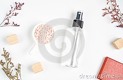 Top view, Ingredients of skin care products. the glass, Blank label package for mockup on white background. Stock Photo