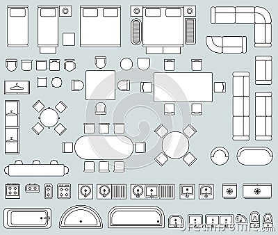 Top view interior with line furniture icons vector set Vector Illustration