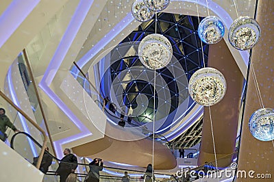 Top view of interior of TsUM with a few glitter balls in Kiev, Ukraine Editorial Stock Photo