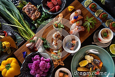 Top view Japanese sushi kaiseki fine dining platter combo set Stock Photo