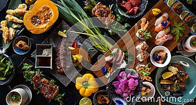 Top view Japanese sushi kaiseki fine dining platter combo set Stock Photo