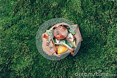 Top view. Kitchen food waste collected in craft paper bag. Peeled vegetables on green grass, moss background Stock Photo