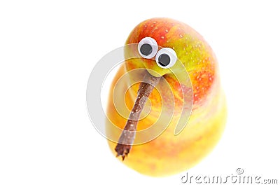 Top view of kiwi-bird-like pear with google eyes Stock Photo