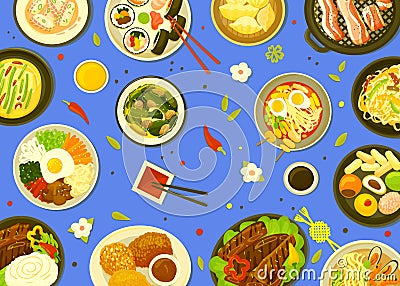 Top view korean meal. Barbecue asian or traditional buffet. Lunch soup, kimchi and bbq. Vegetarian and meat dishes Vector Illustration