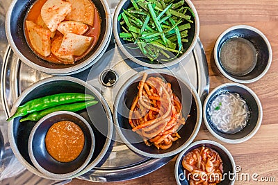 Top view of Korean side dishes filled with rich flavors vegetables Stock Photo