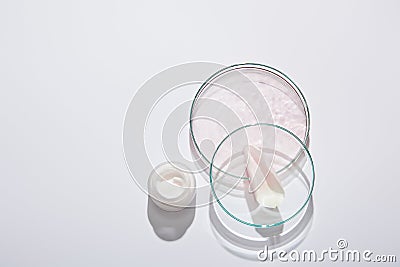 Top view of laboratory glassware and cosmetic cream jar with liquid and rose petal Stock Photo