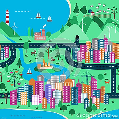 Top view landscape with city and nature Vector Illustration