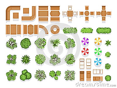 Top view landscaping architecture city park plan vector symbols, wooden benches and trees Vector Illustration