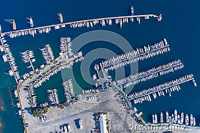 Top view of the large yacht marina. Stock Photo