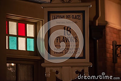 Top view of Lartisan Des Glaces sign in France pavillion at Epcot 44 Editorial Stock Photo