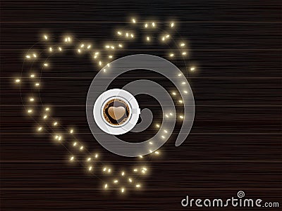 Top View of Latte Art Love Coffee Cup on Heart Shape Made by Lighting Garland with Brown Wooden Background Stock Photo