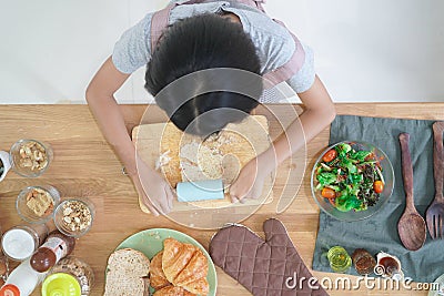 Top view little girl cooks Stock Photo