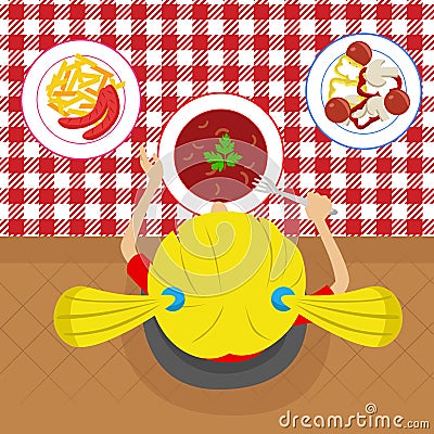 Top view of little girl eatting soup sitting at table with other dishes Vector Illustration