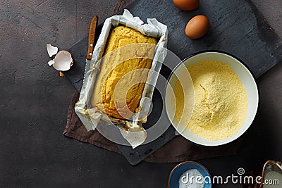 Top view loaf homemade corn bread dark background Stock Photo