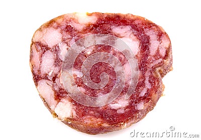 Top view macro detail of smoked salami slices, pepperoni slice, Italian prosciutto crudo ,raw ham texture isolated on white Stock Photo