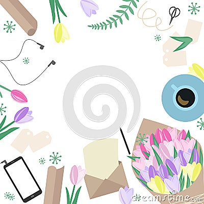 Top view of making bouquet or invitations. Florist workspace fla Vector Illustration