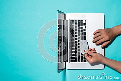 Top view of male hands making online payment Stock Photo