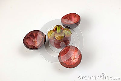 Top view Mangosteens Queen of fruits thailand on white background. Stock Photo