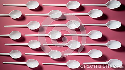 TOP VIEW: Many plastic spoons on a pink background Stock Photo