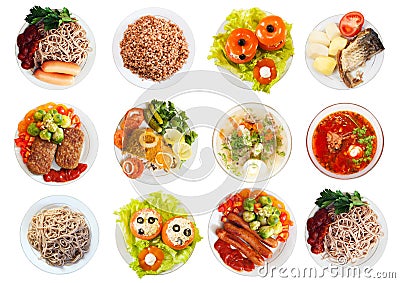 Top view of many plates with food Stock Photo